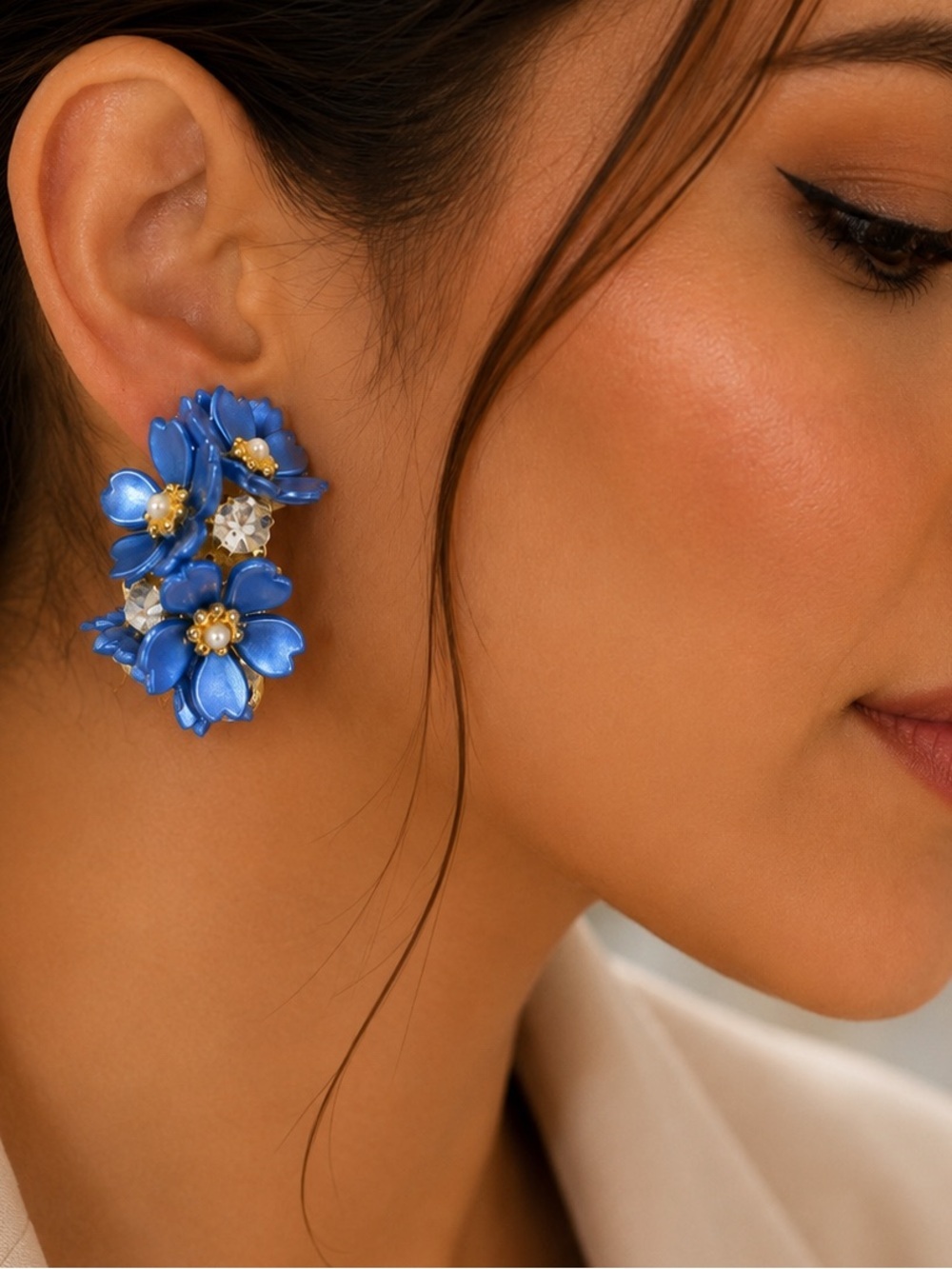Blue Floral Statement Clip-On Earrings | Crystal Flower Earrings | Vintage Garde